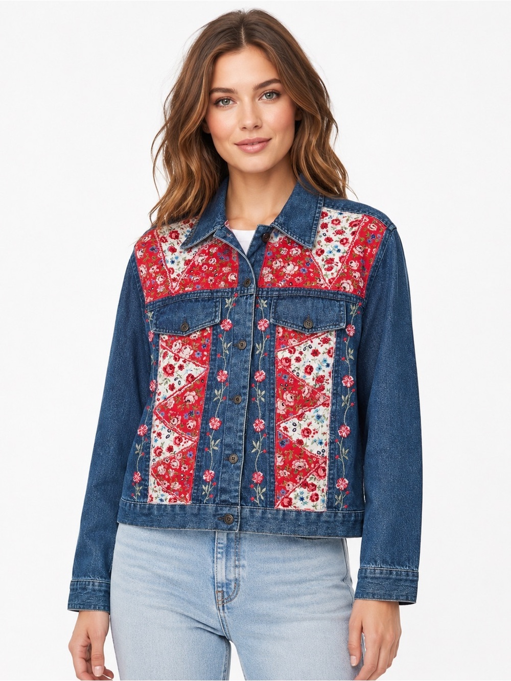 Vintage Tantrums Floral Patchwork Embroidery Denim Cottagecore Jacket Sz L